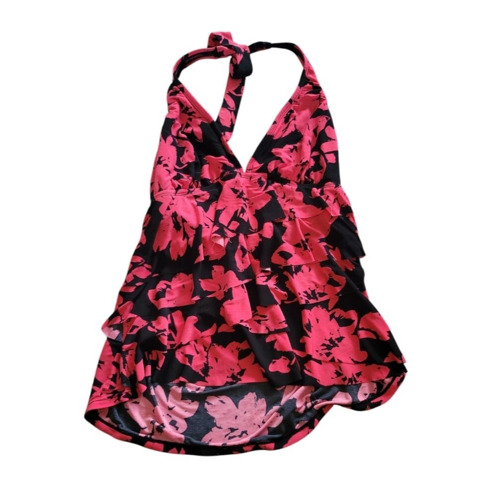 Aqua Green Black & Pink Abstract Floral Halter Tankini Swim Top Size Medium